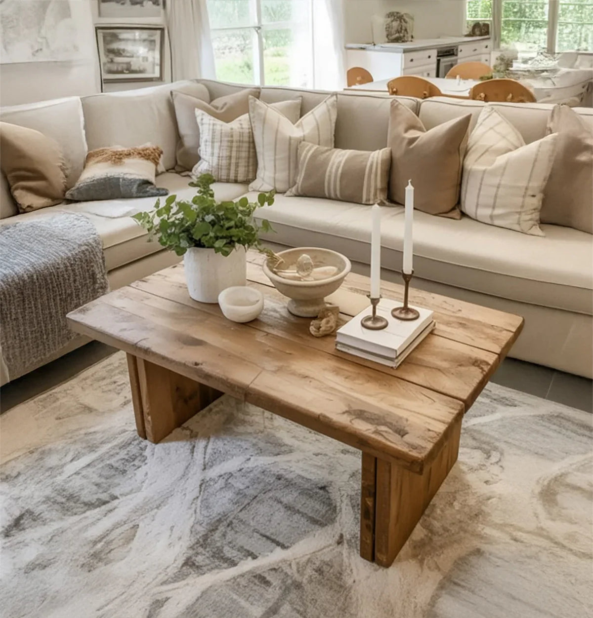 handcrafted wood coffee table in bohemian living room with layered rugs