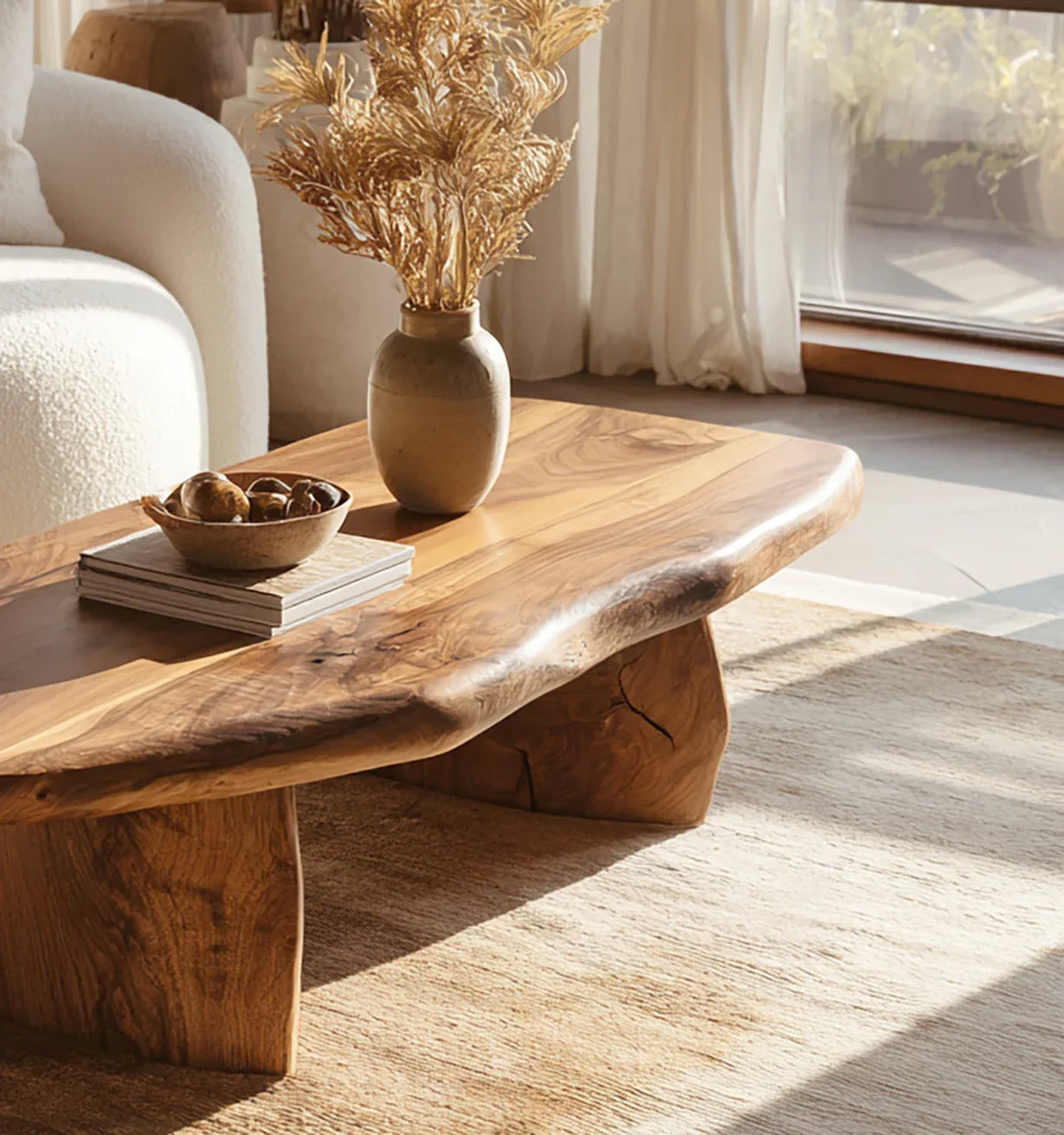 vintage inspired natural wood coffee table in relaxing living room with warm decor