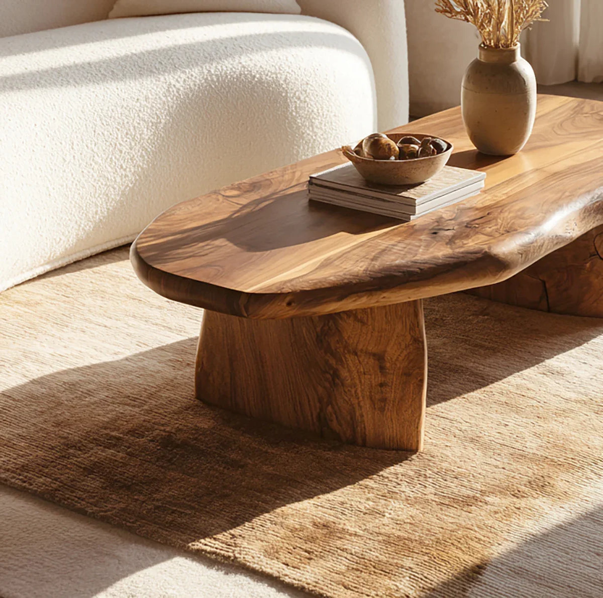 vintage inspired natural wood coffee table in relaxing living room with warm decor