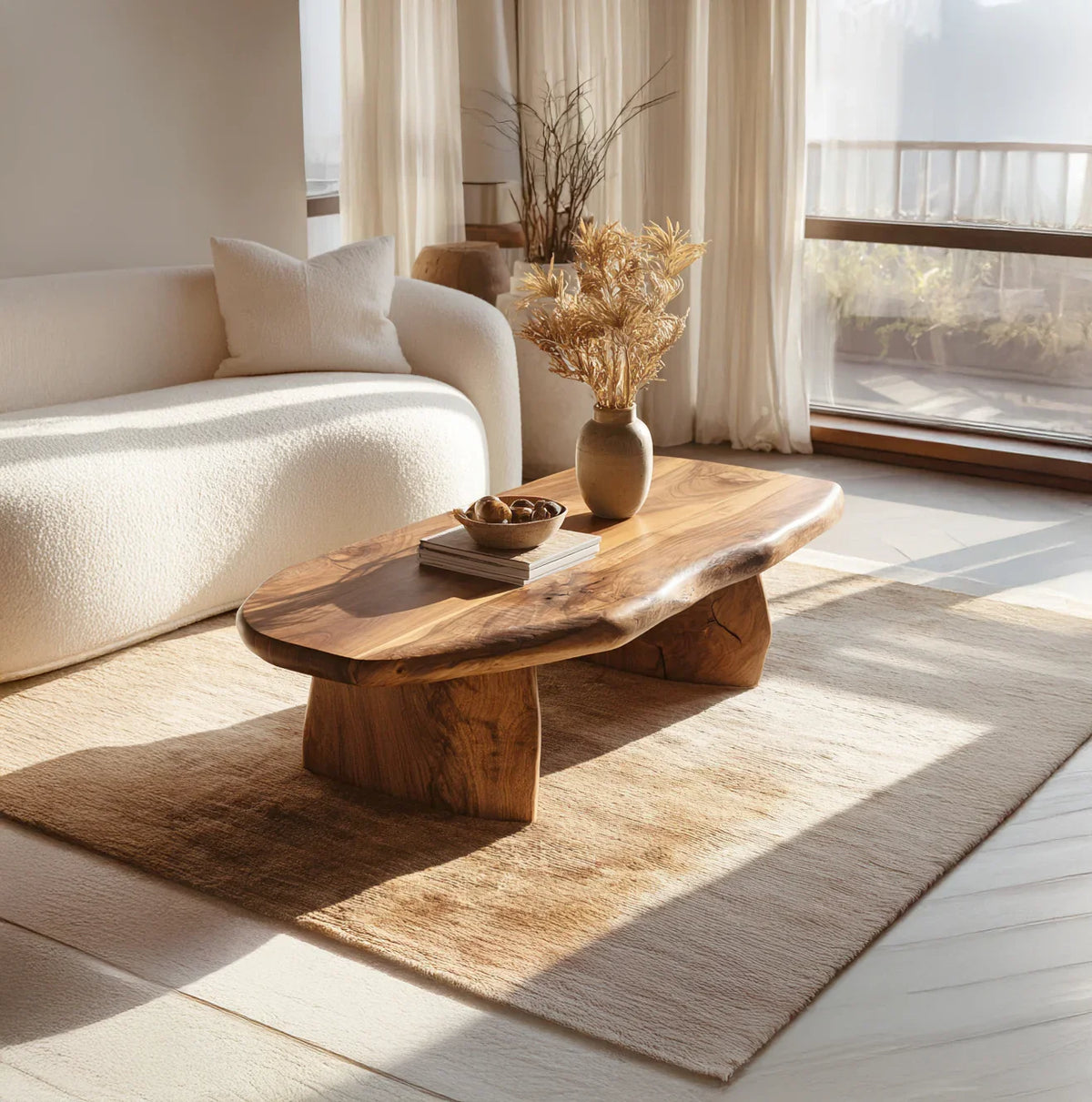 vintage inspired natural wood coffee table in relaxing living room with warm decor