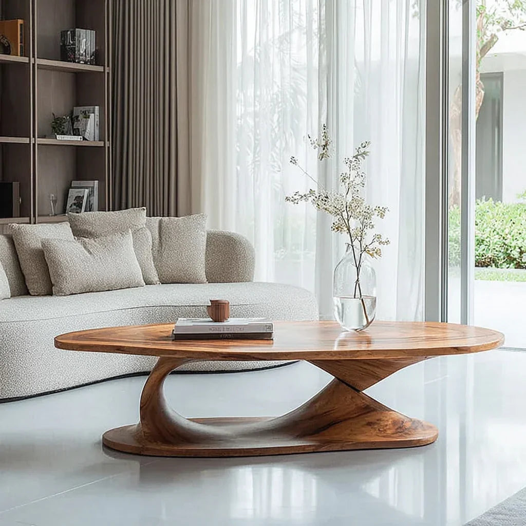 handmade live edge wood coffee table with rustic farmhouse trestle base in living room