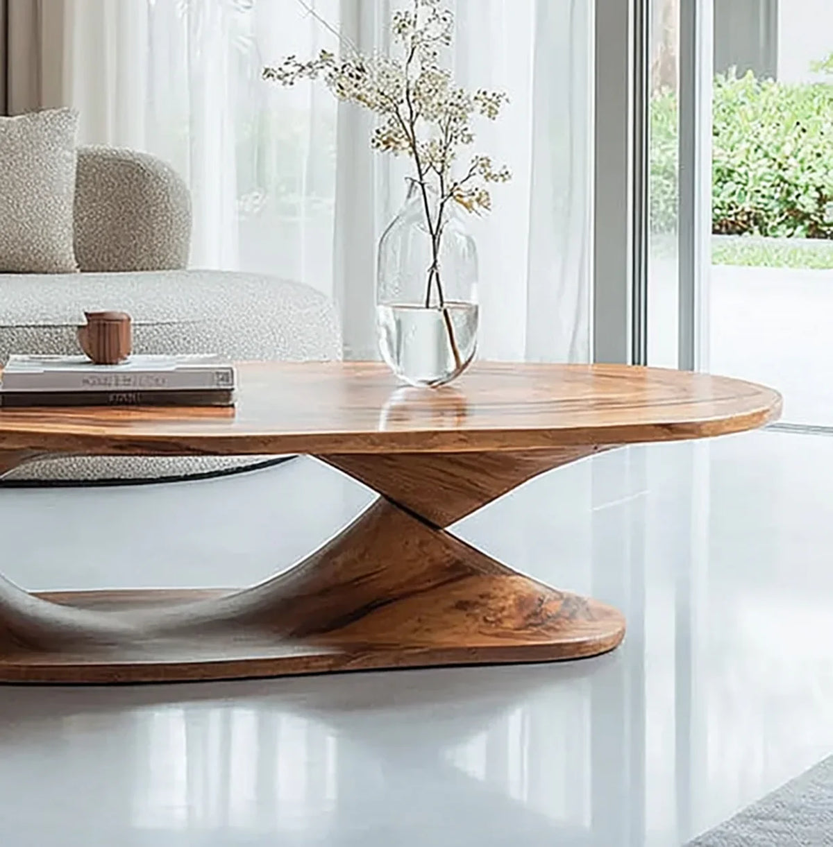 handmade live edge wood coffee table with rustic farmhouse trestle base in living room