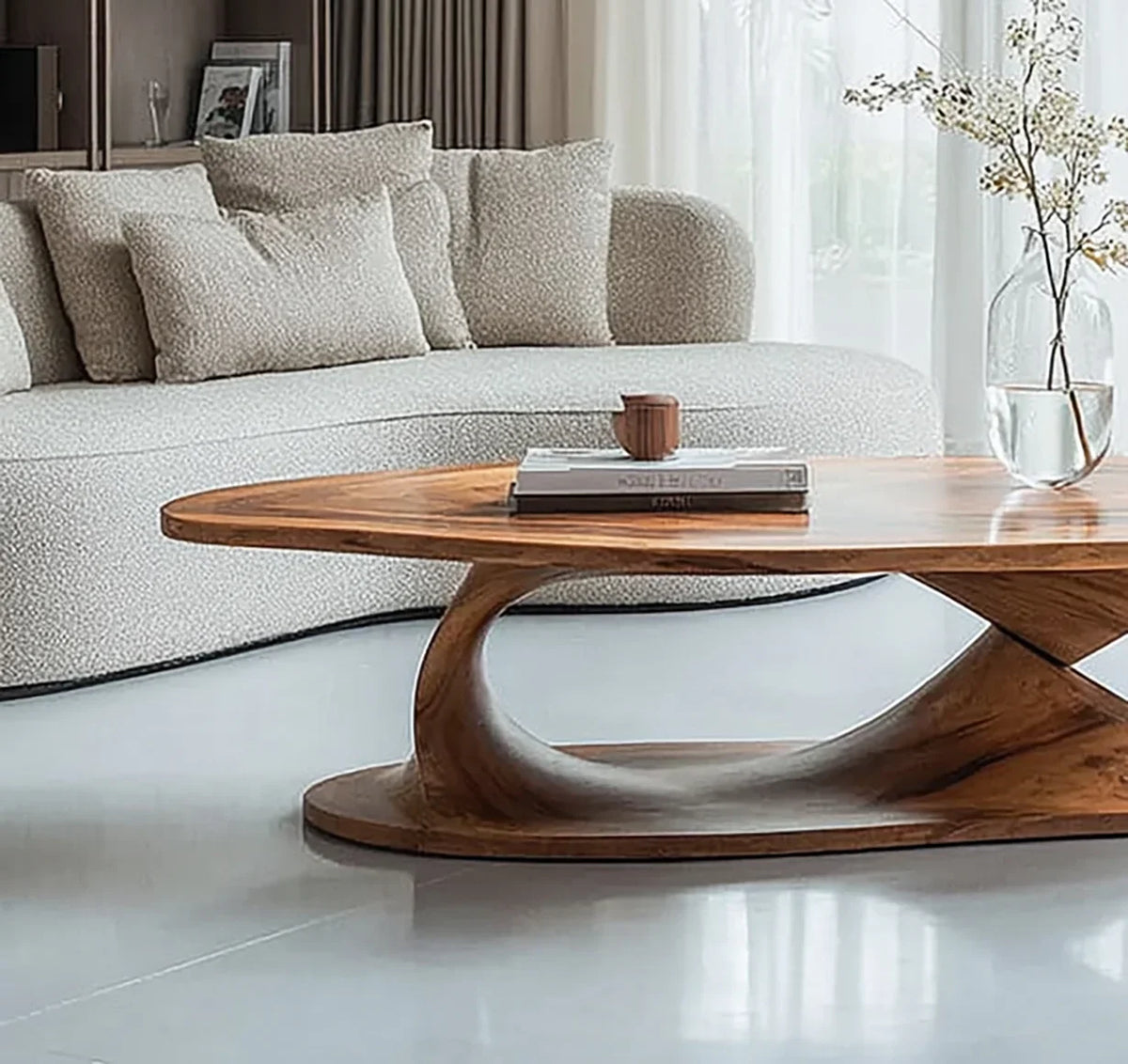 handmade live edge wood coffee table with rustic farmhouse trestle base in living room