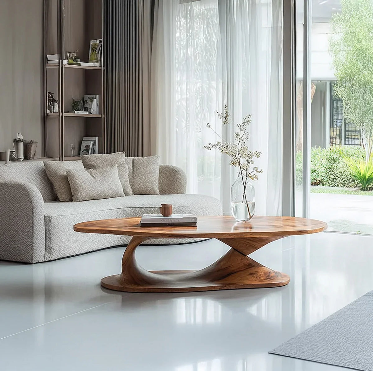 handmade live edge wood coffee table with rustic farmhouse trestle base in living room
