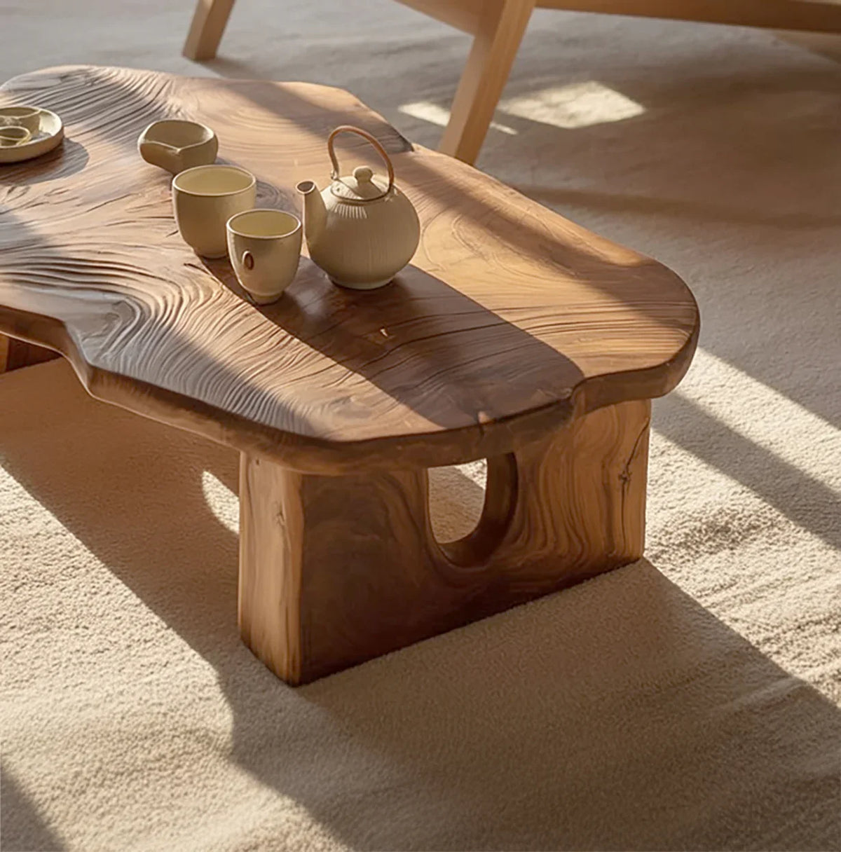 organic live edge coffee table in living room with natural wood grain and modern decor