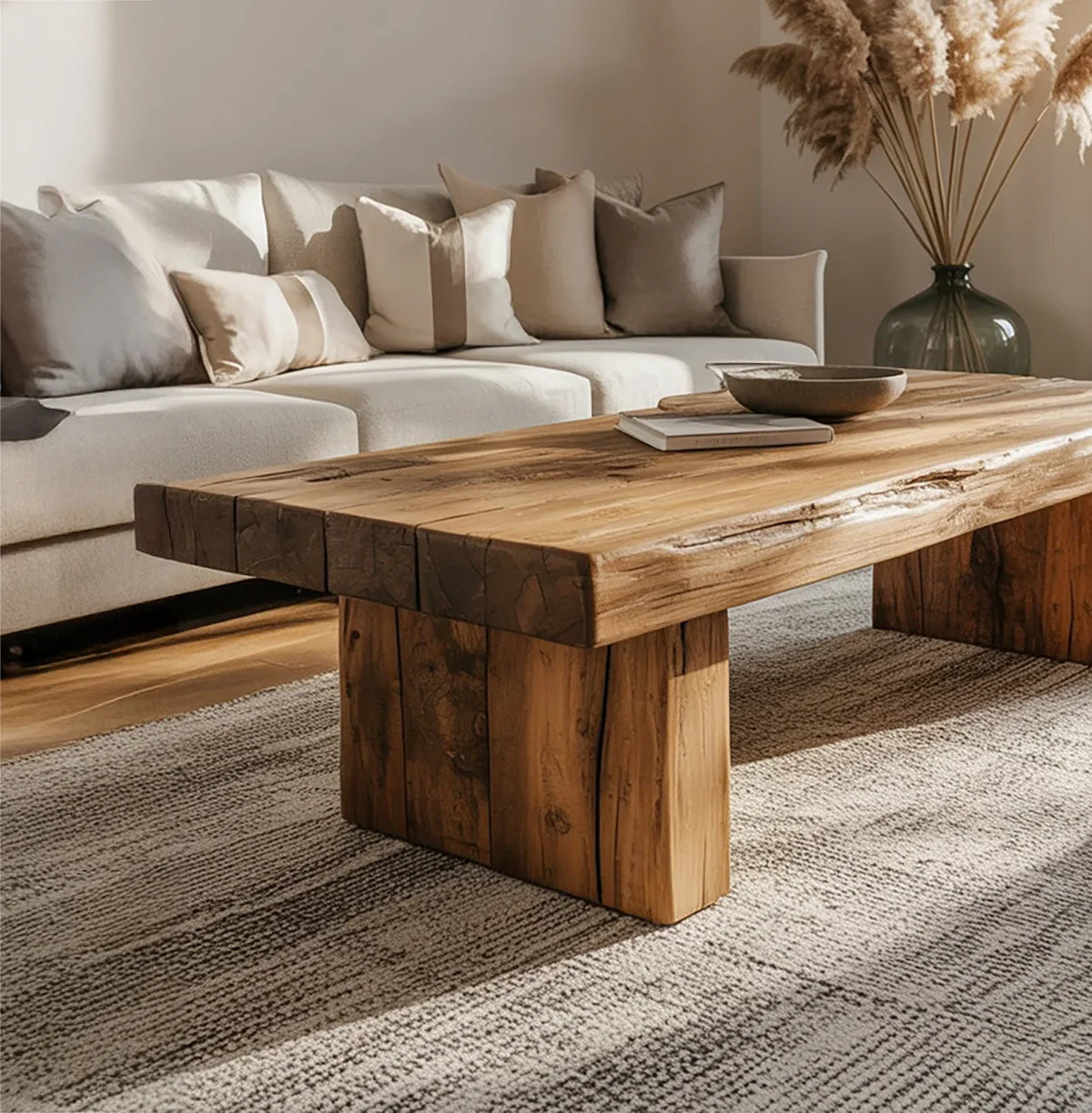 Solid wood live edge coffee table in modern living room with neutral sofa and decor