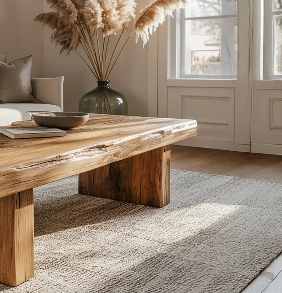 Solid wood live edge coffee table in modern living room with neutral decor