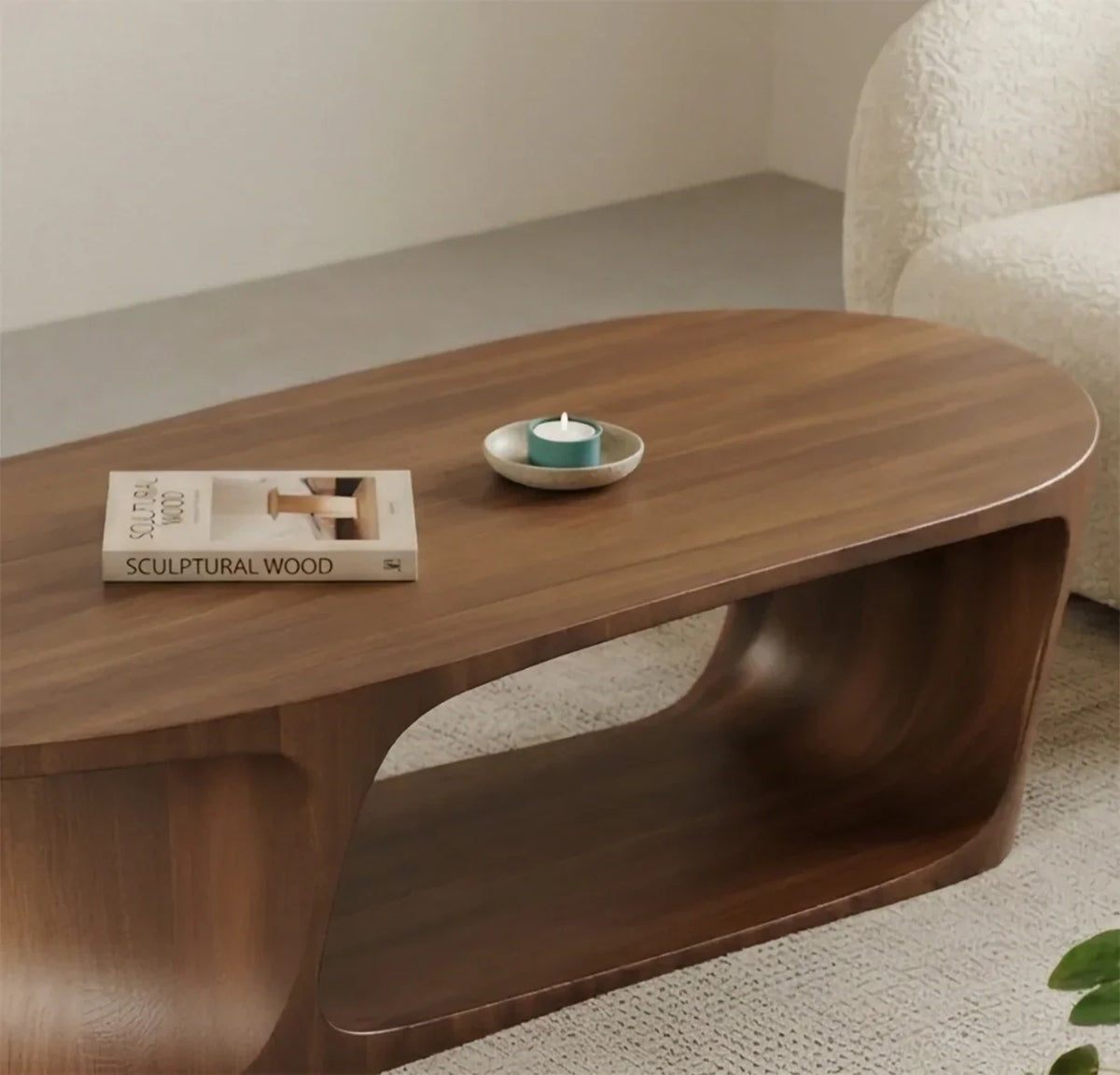 Curved wood coffee table for minimalist and Japandi living room decor