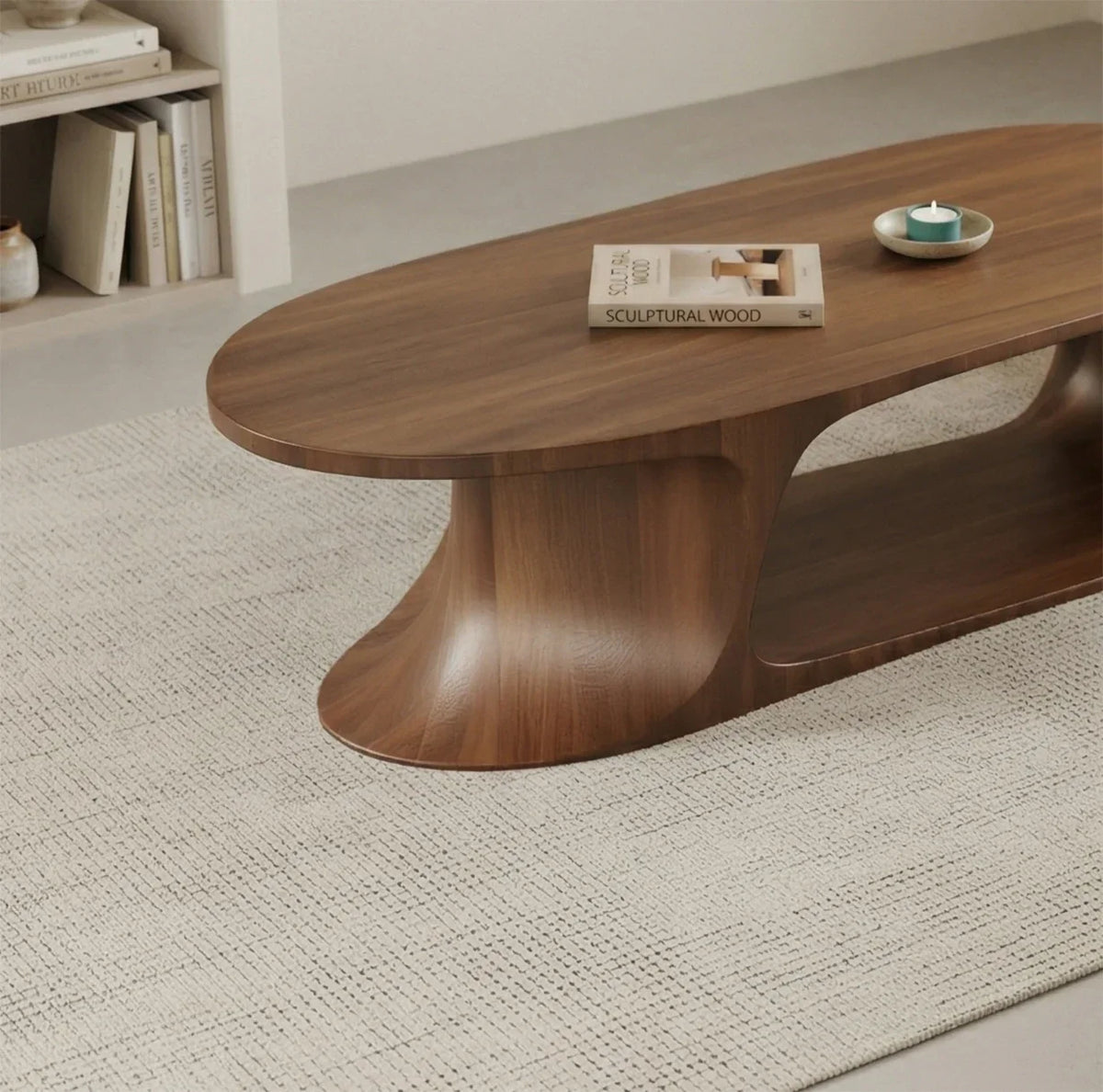 Handmade wooden center table with smooth oval shape and natural finish
