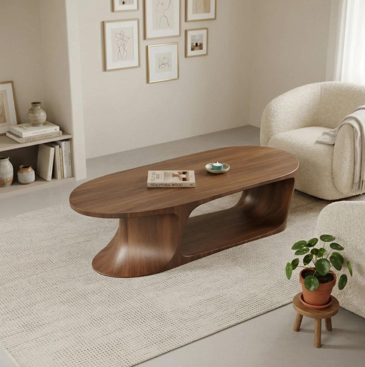 Modern oval wood coffee table with curved design for living room