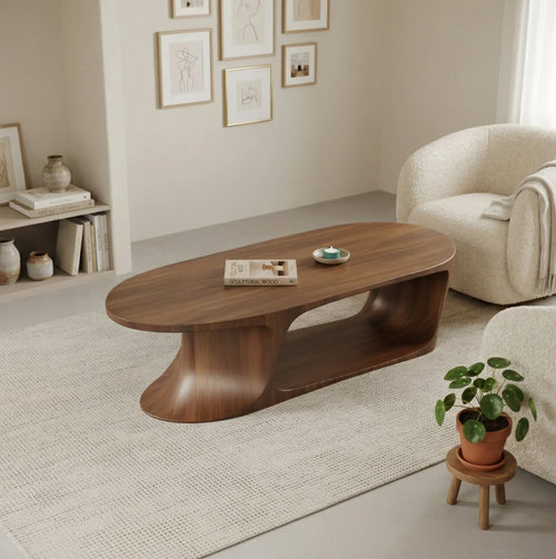 Modern Oval Curved Wood Center Table, Handmade Living Room Furniture