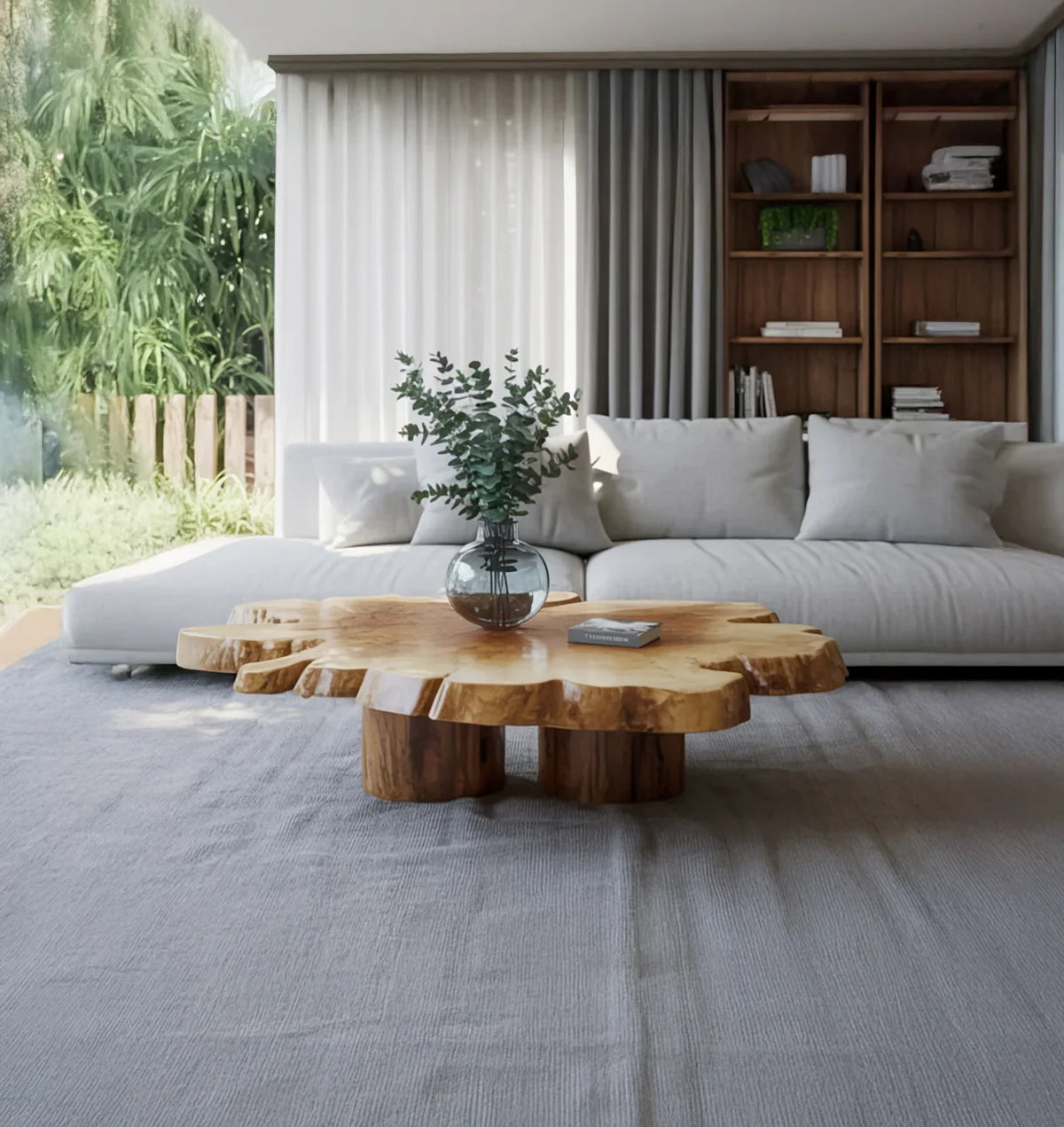 Handcrafted wooden coffee table with natural grain and organic shape