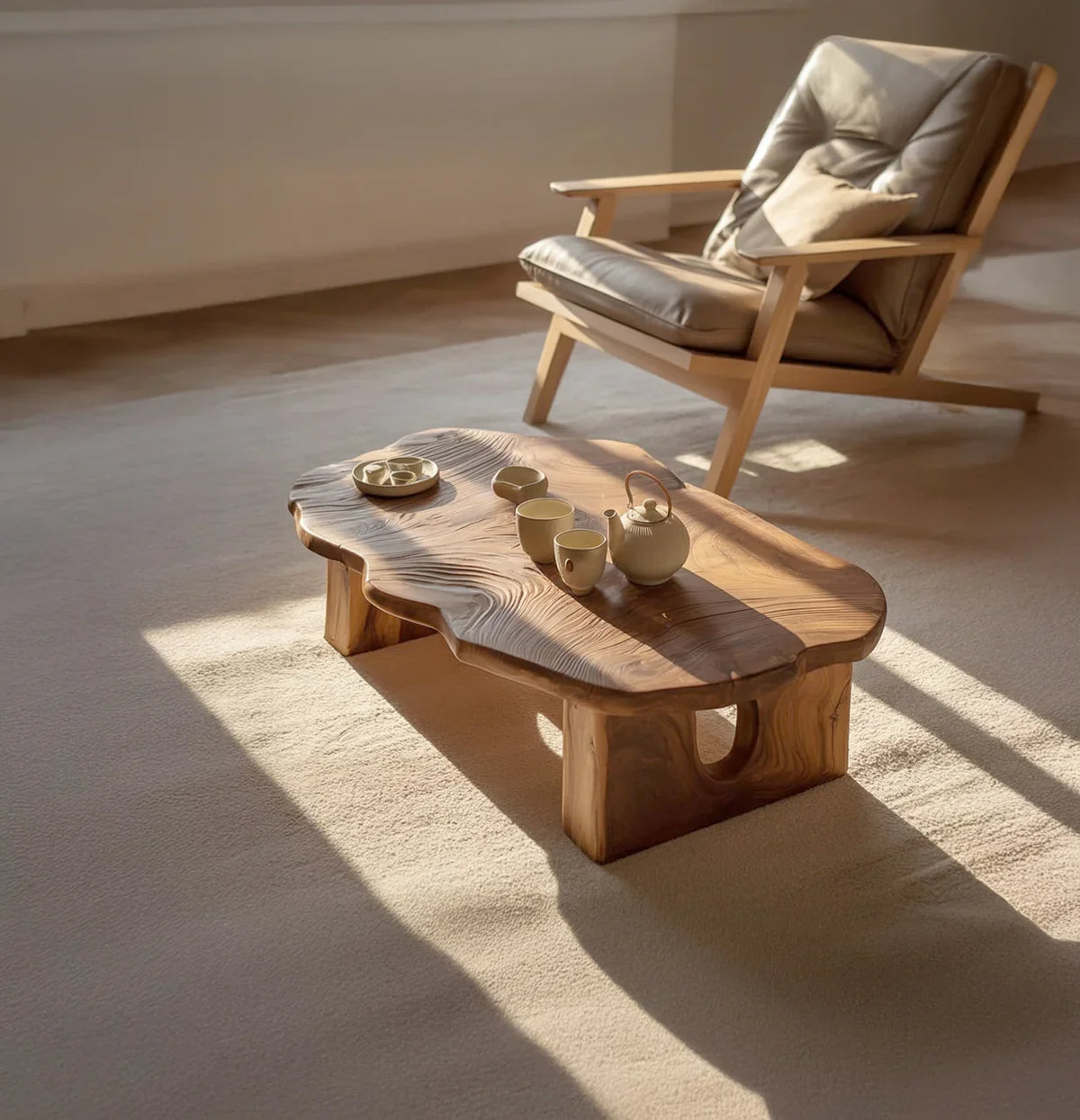 organic live edge coffee table in living room with natural wood grain and modern decor