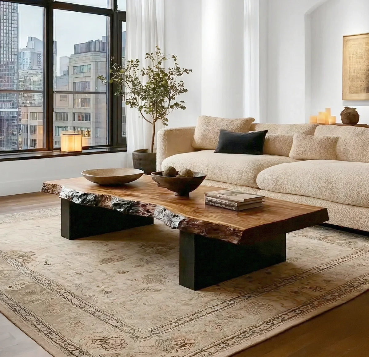 Handcrafted Live Edge Wood Coffee Table with Natural Root Base - Rustic Solid Wood Sofa Table