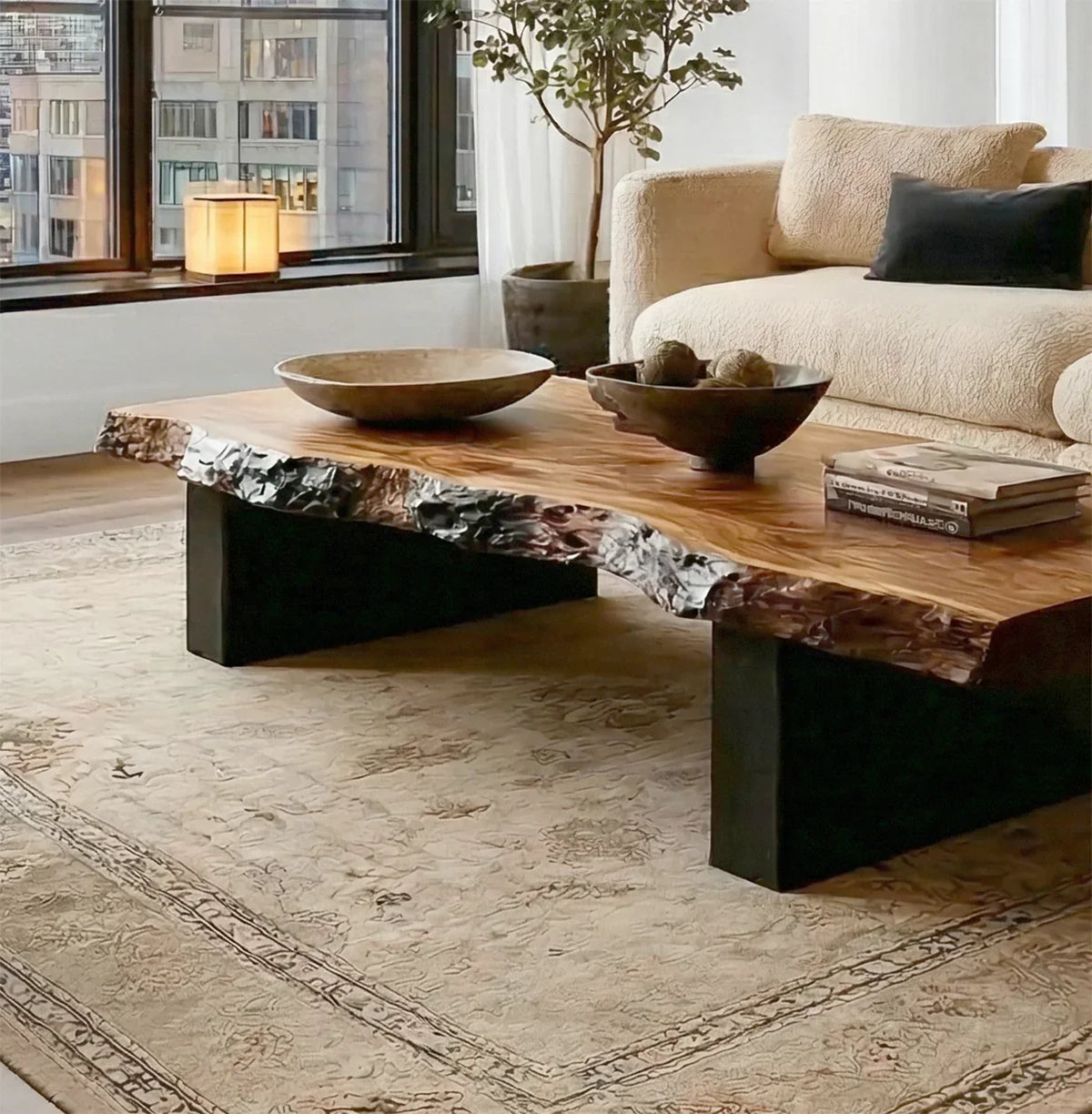Handcrafted solid wood coffee table with sculptural tree root base