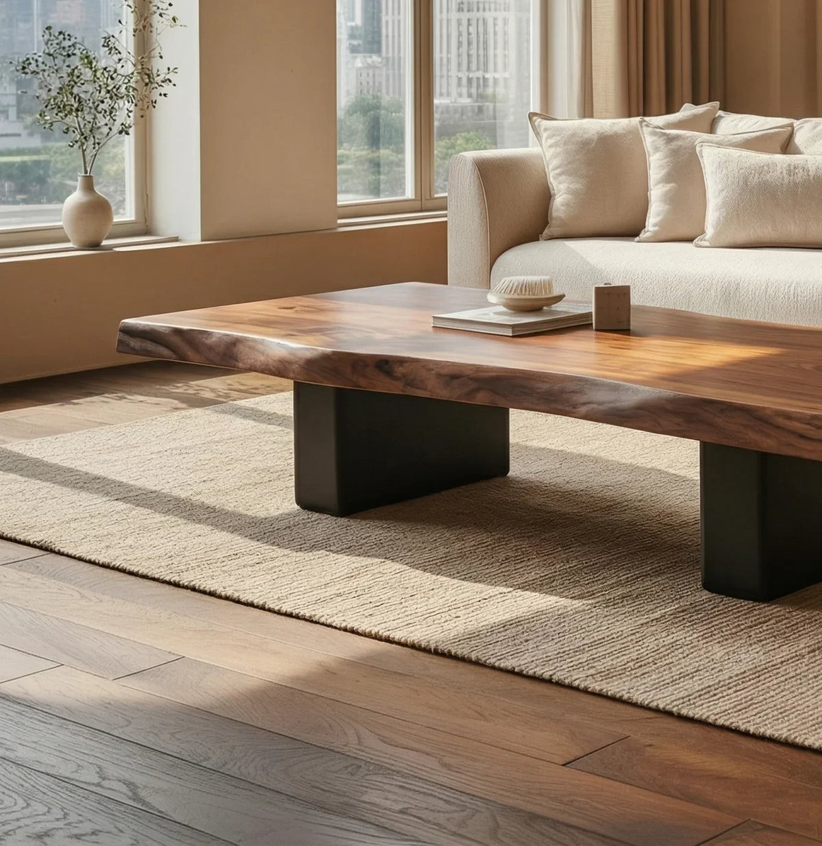 Solid wood coffee table with live edge top and sculptural root base