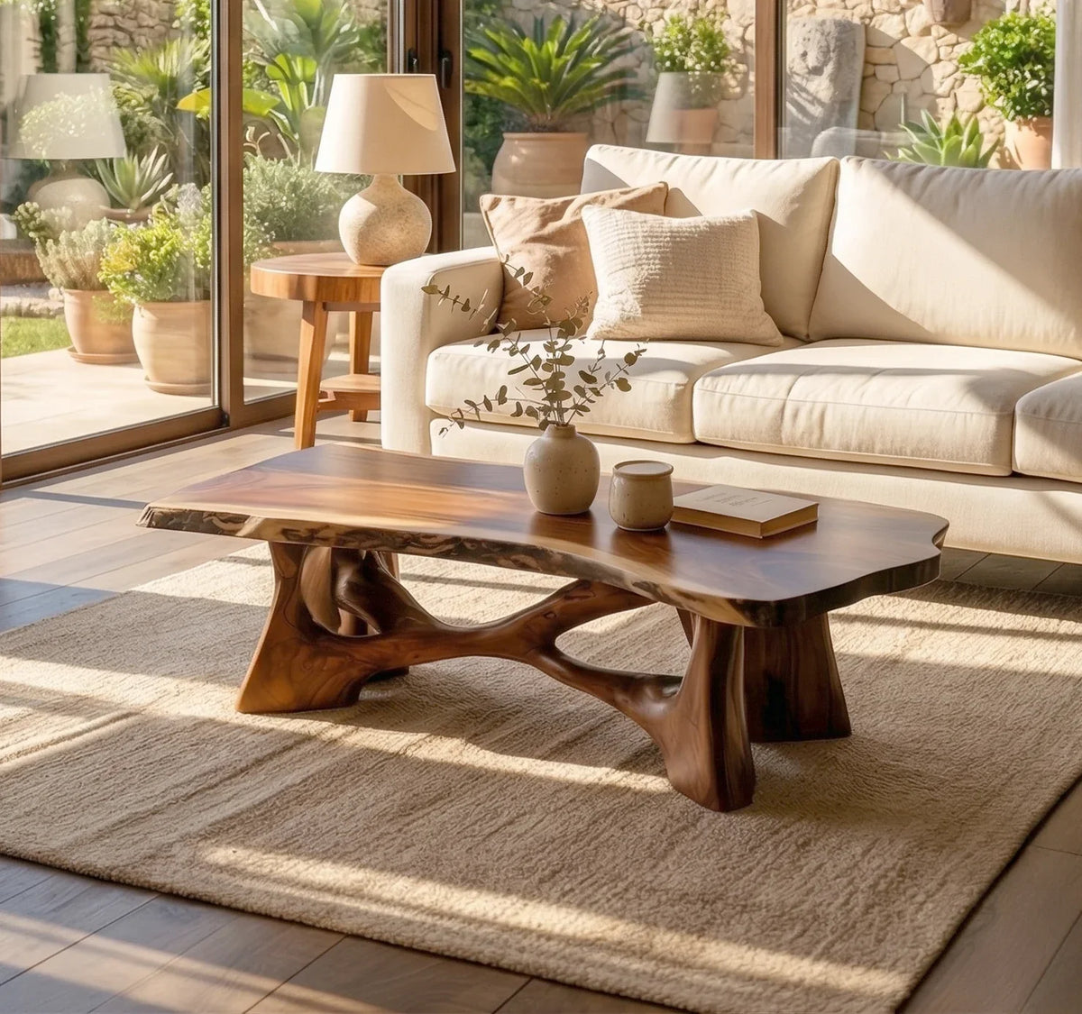 rustic live edge wood slab coffee table in living room with natural wood grain texture