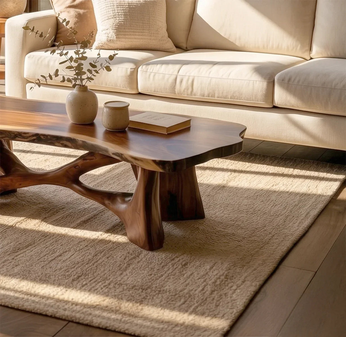 rustic live edge wood slab coffee table in living room with natural wood grain texture