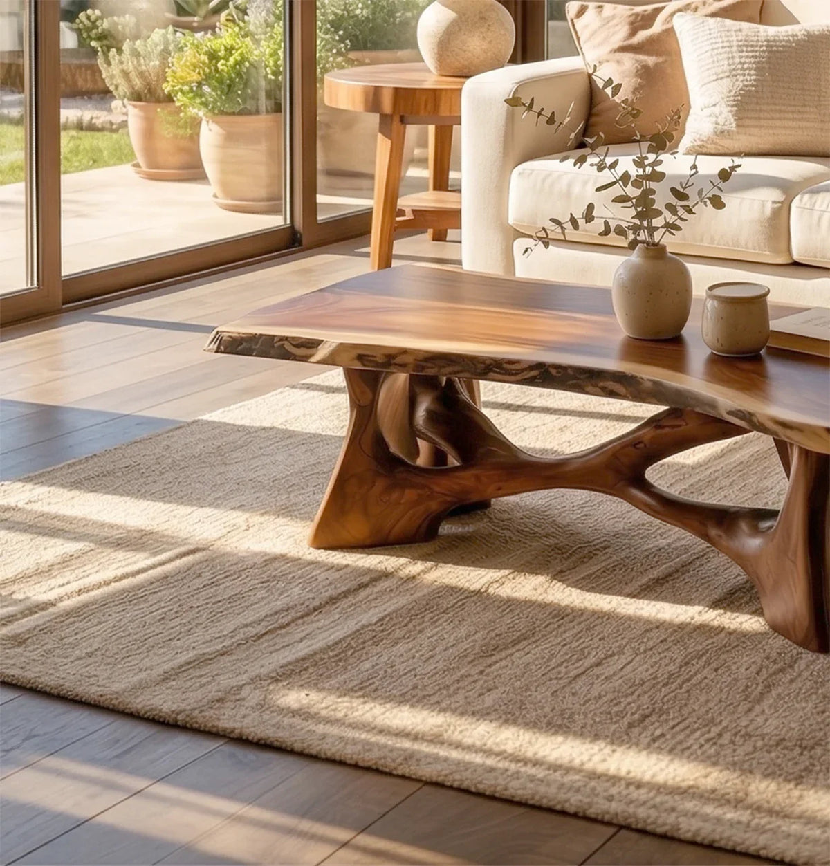 rustic live edge wood slab coffee table in living room with natural wood grain texture