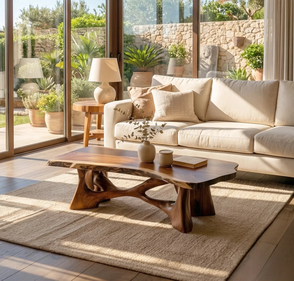 rustic live edge wood slab coffee table in living room with natural wood grain texture