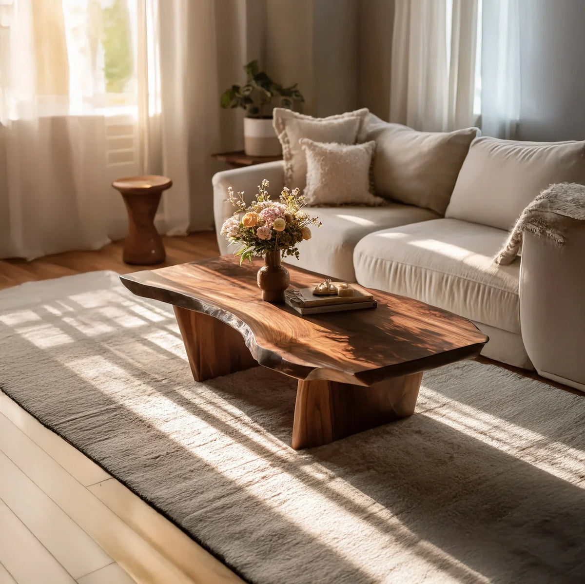 rustic handmade solid wood coffee table in living room with natural wood grain detail