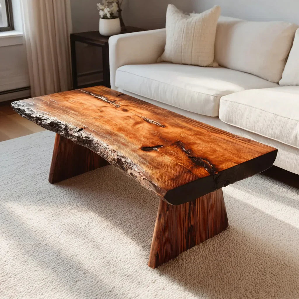 rustic coffee table in farmhouse living room with natural wood grain