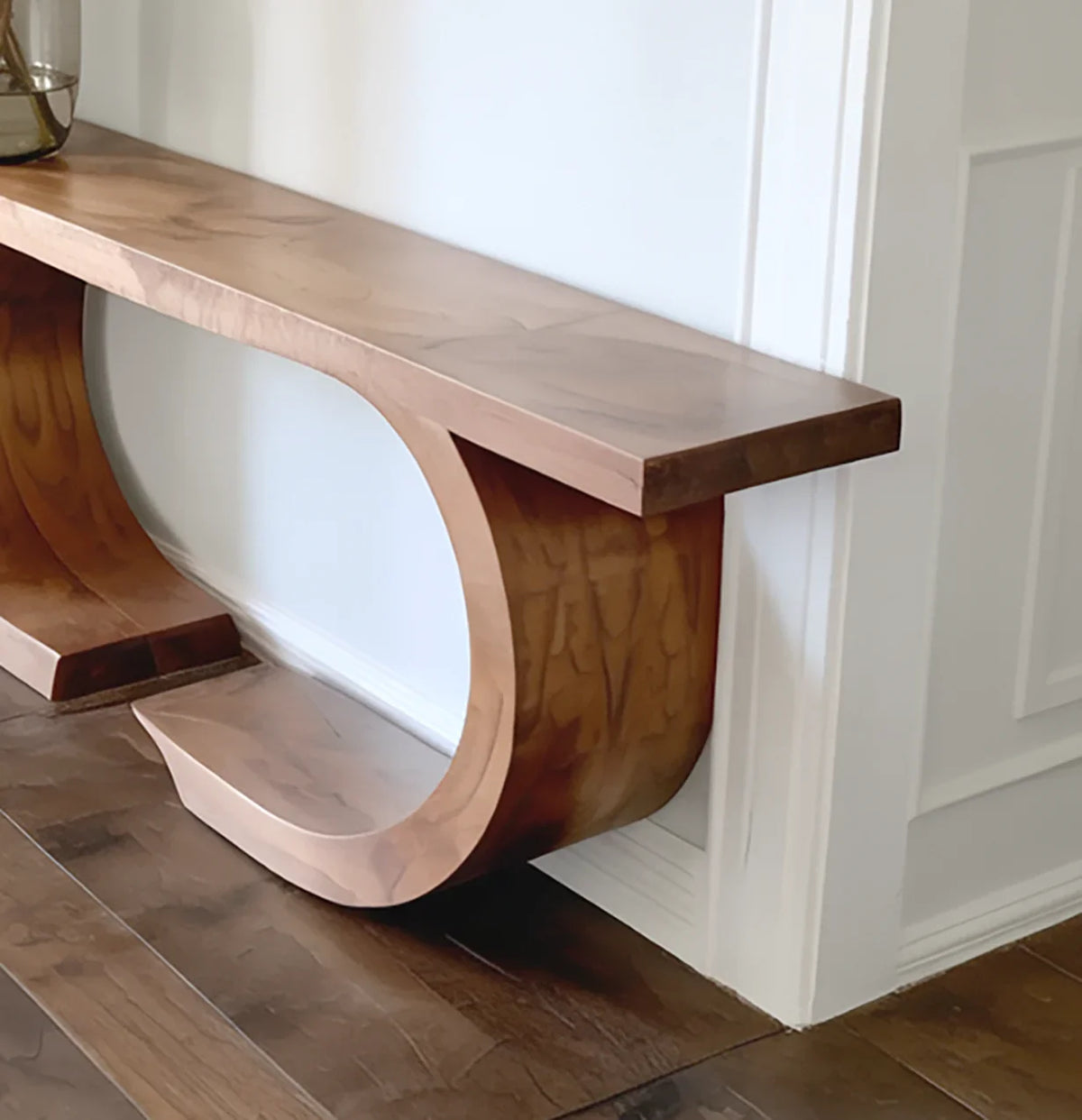 Organic wood entryway table with live edge top and unique shape