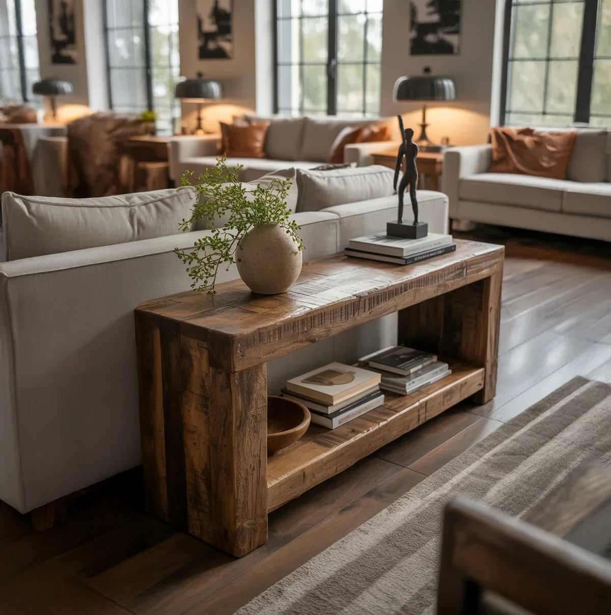 Rustic wooden console table behind beige sofa with vase, books, and sculpture in modern living room