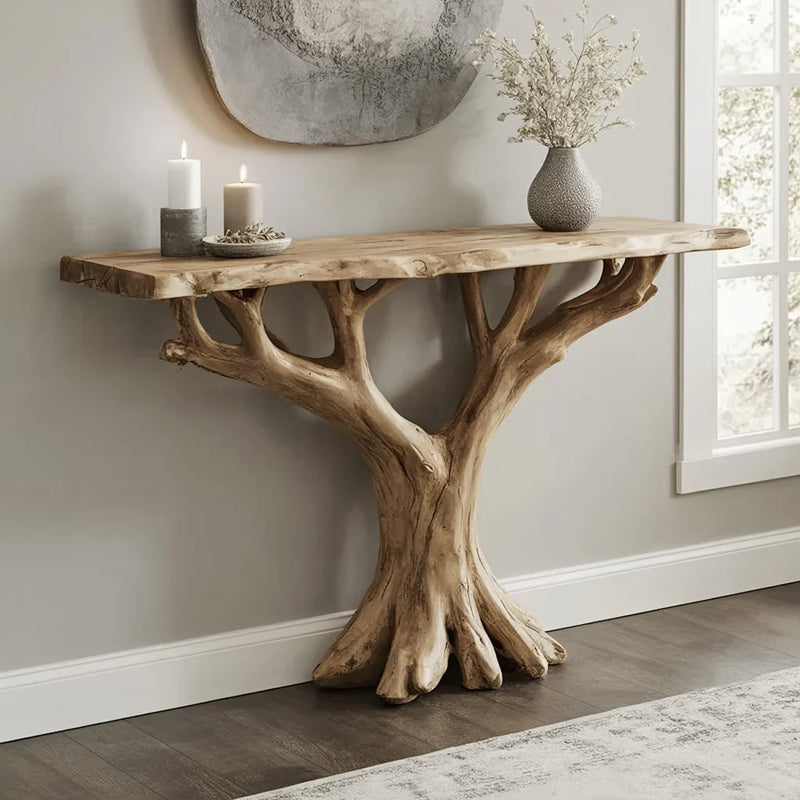 Live edge solid wood entryway console table with tree root base, candles, and vase decor