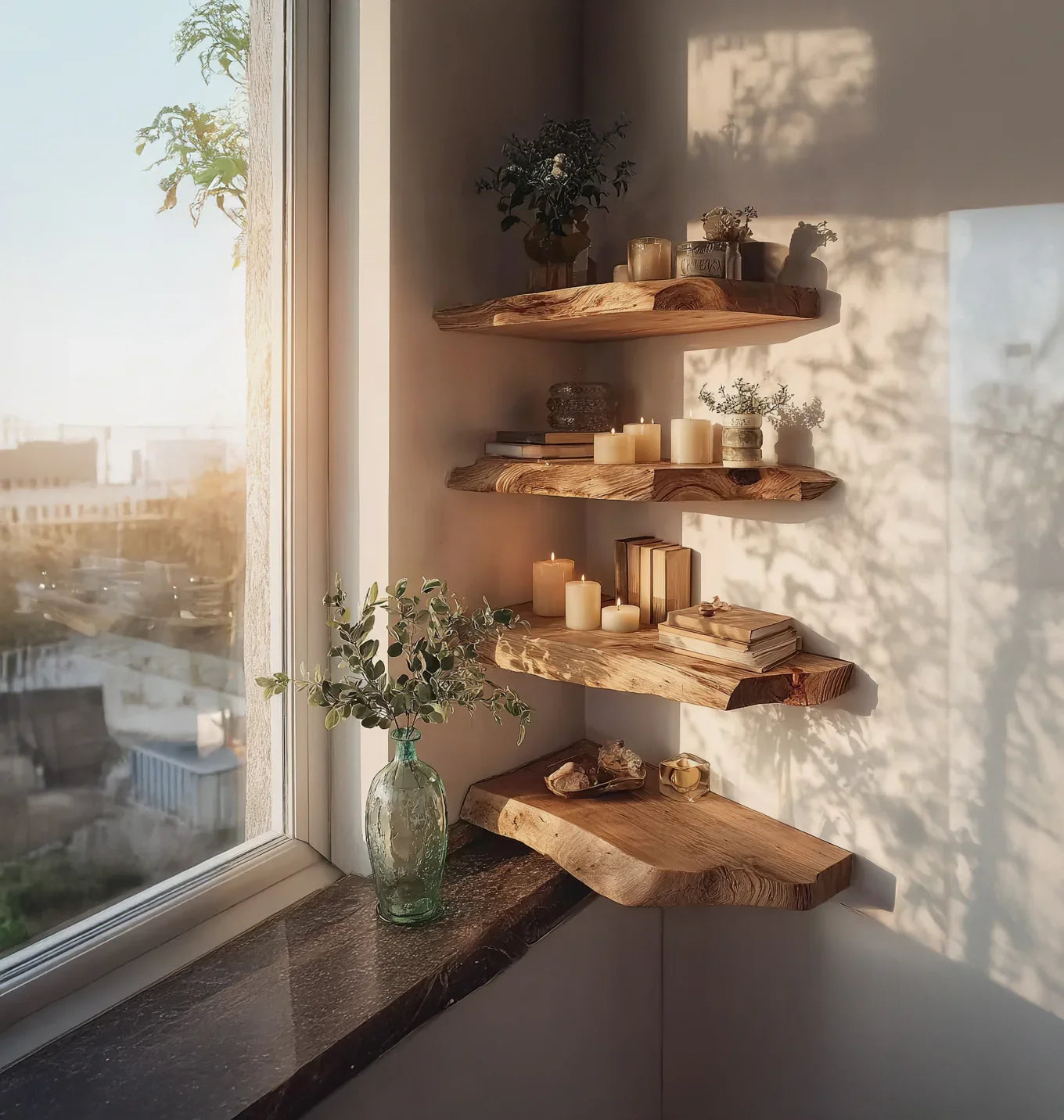 Cozy corner with natural wood floating shelves holding candles, books, and plants near a window