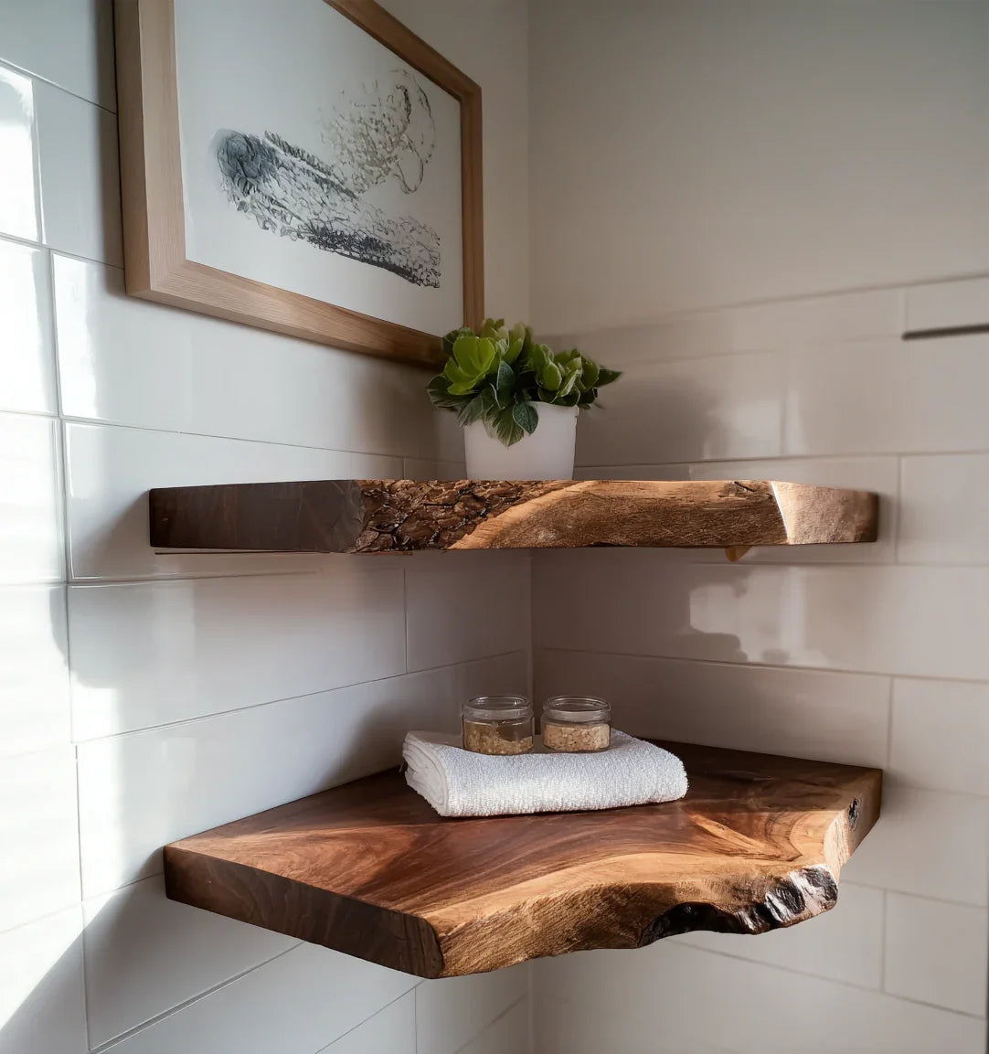 live edge floating shelf bathroom styled with candles and plants