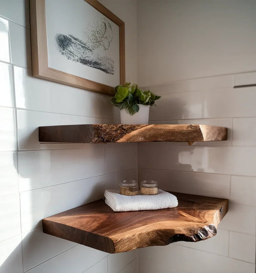 Corner Live Edge Wooden Floating Shelf – Rustic Walnut Christmas Décor & Gift