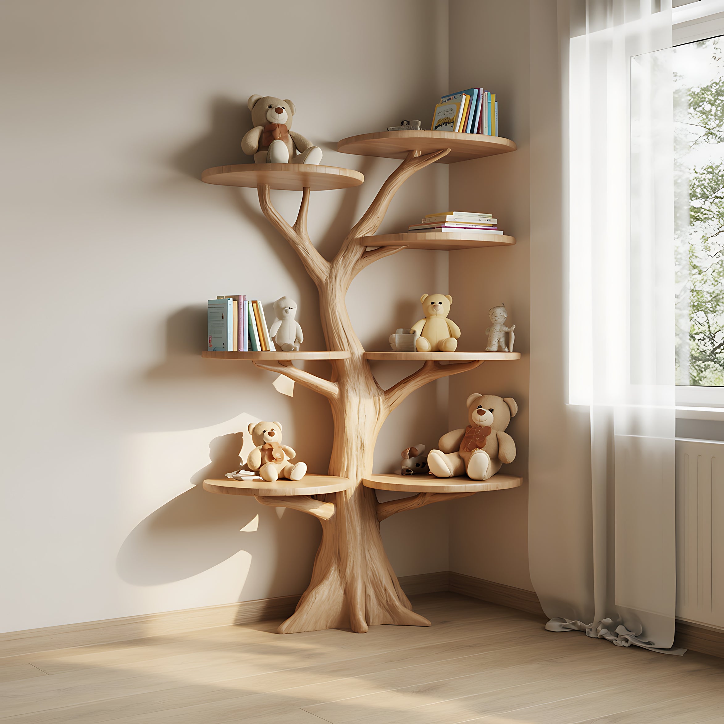 personalized kids bookshelf with custom name in bedroom decorated with books and toys