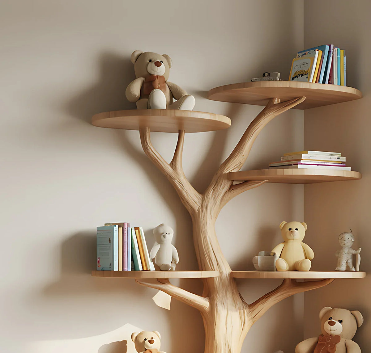 personalized kids bookshelf with custom name in bedroom decorated with books and toys