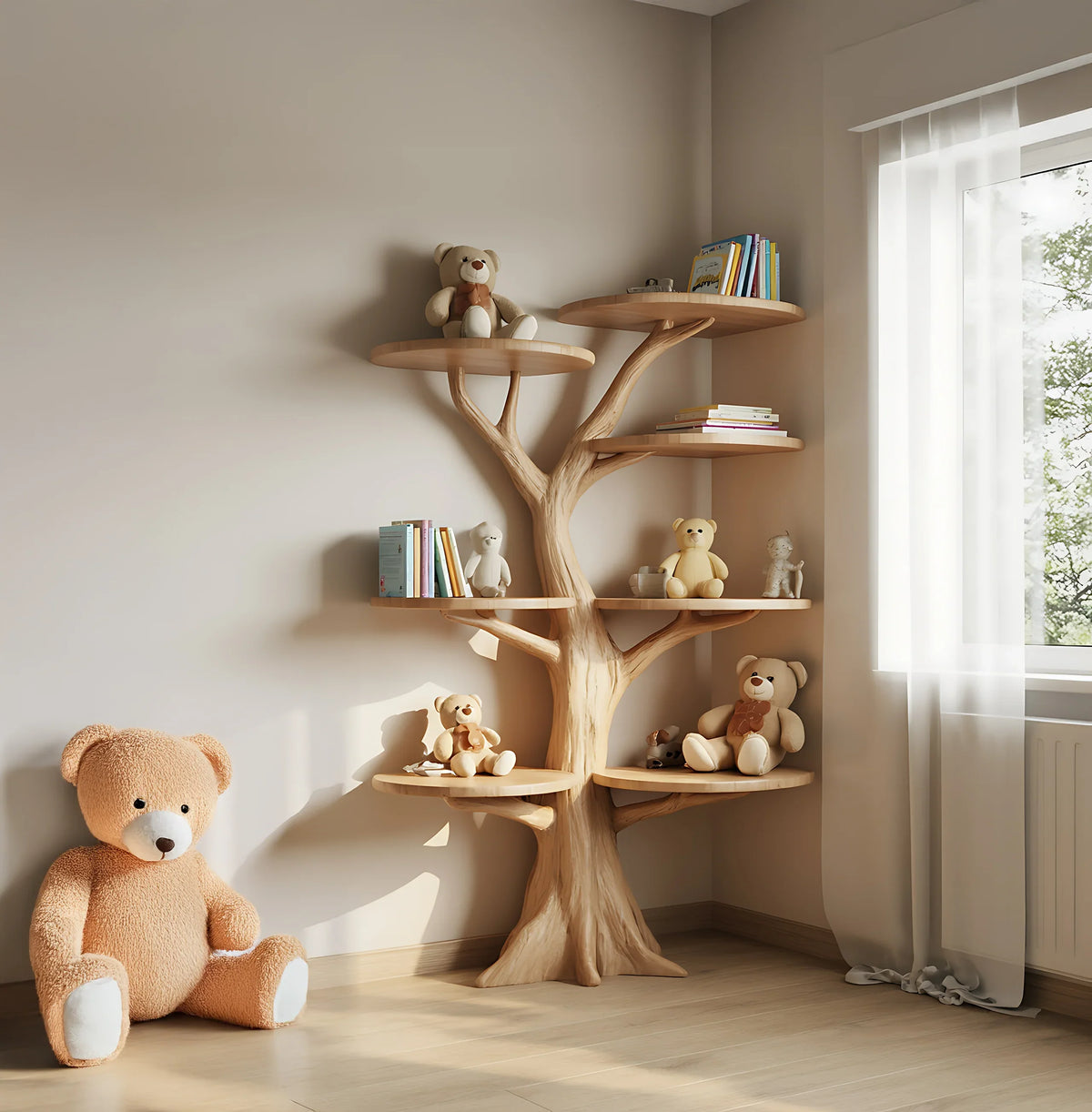 personalized kids bookshelf with custom name in bedroom decorated with books and toys