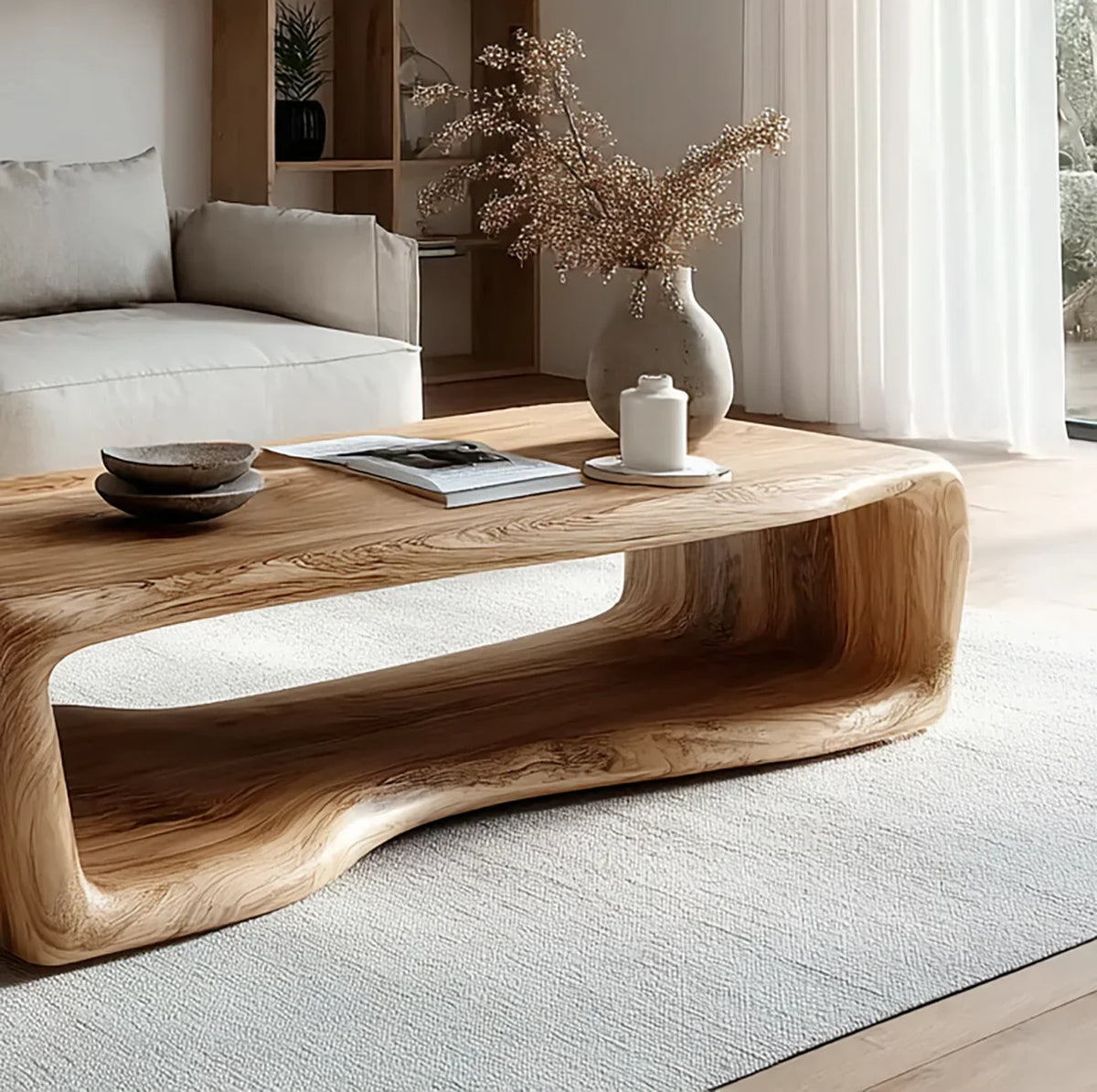 Solid wood live edge coffee table in modern living room with minimalist decor