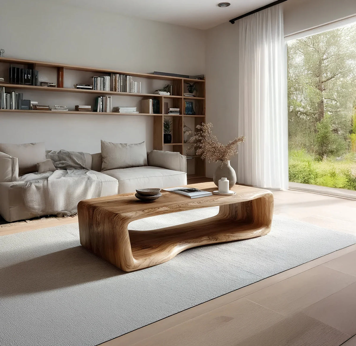 Solid wood live edge coffee table in modern living room with natural light and neutral decor