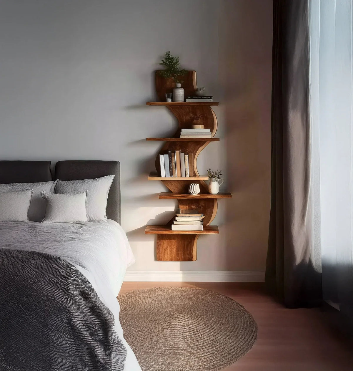 Solid wood tree bookshelf with books and plants in a modern bedroom, near bed and window.