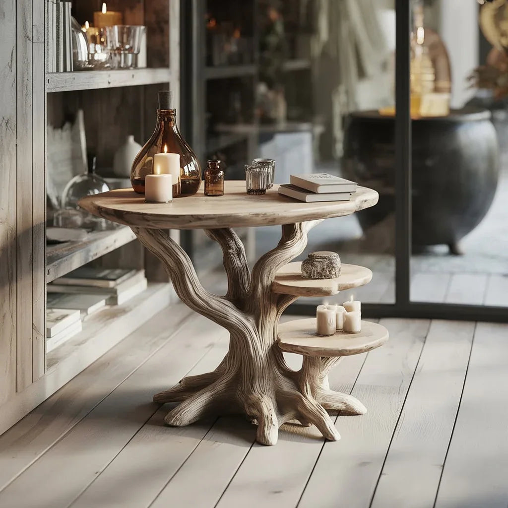 Sculpted solid wood tree bookshelf table with candles and books in a modern living room