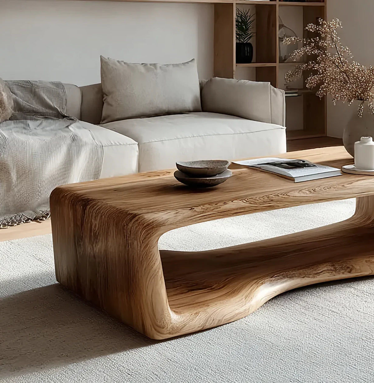 Modern solid wood live edge coffee table in a minimalist living room setting