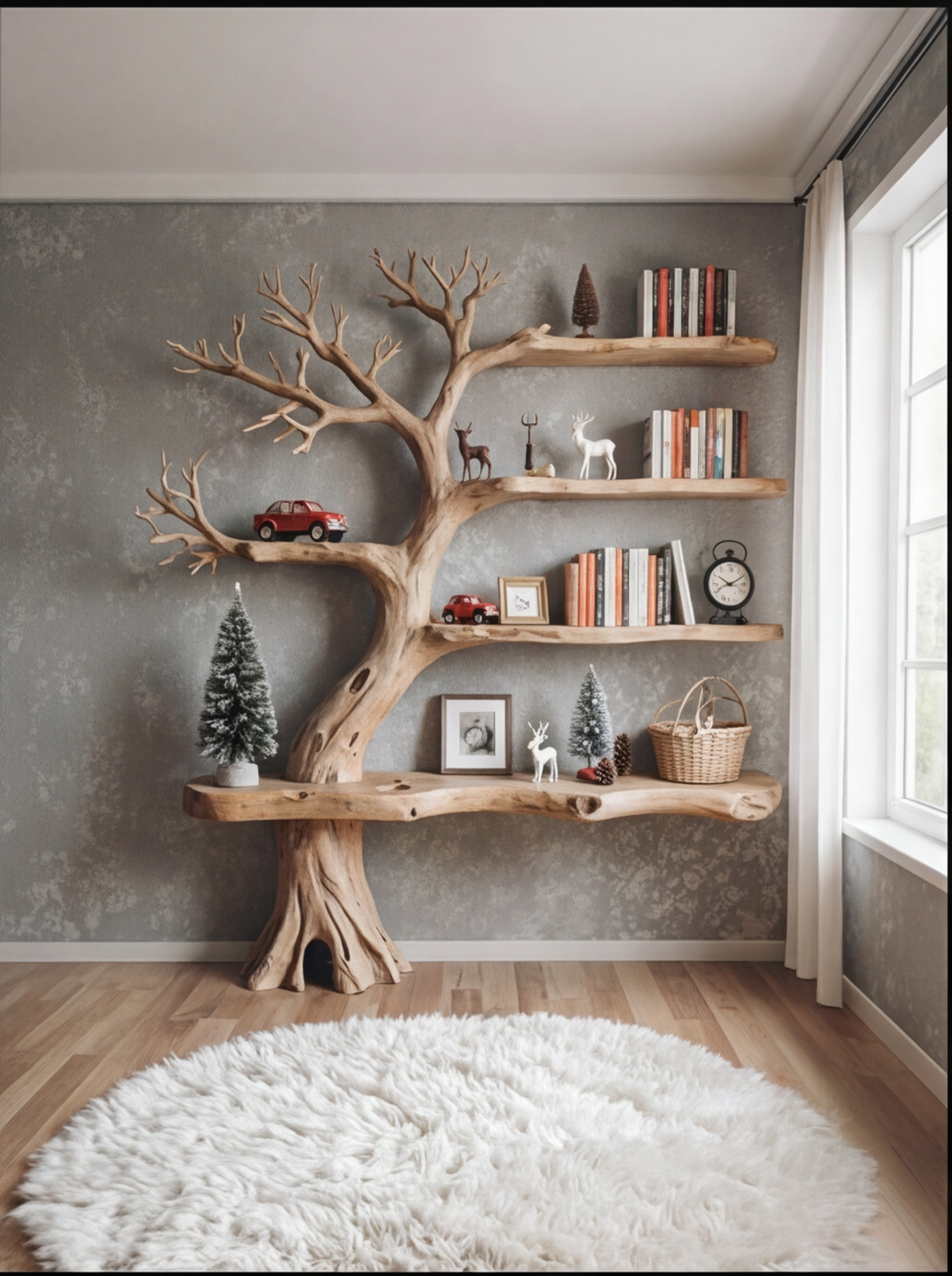 Tree-shaped solid wood bookshelf with books, decor, and toys in a cozy living room