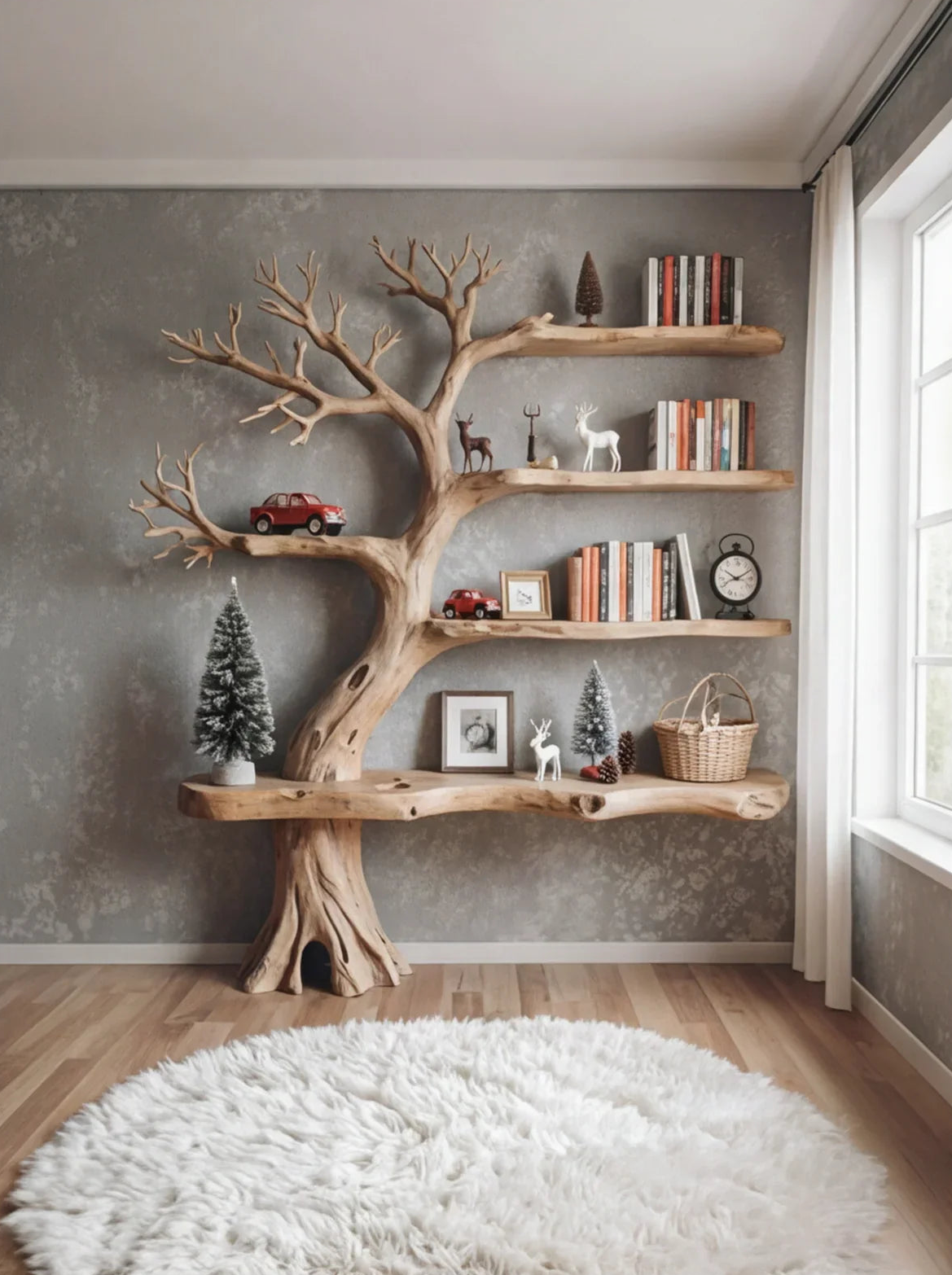 Tree-shaped solid wood bookshelf with books, decor, and toys in a cozy living room