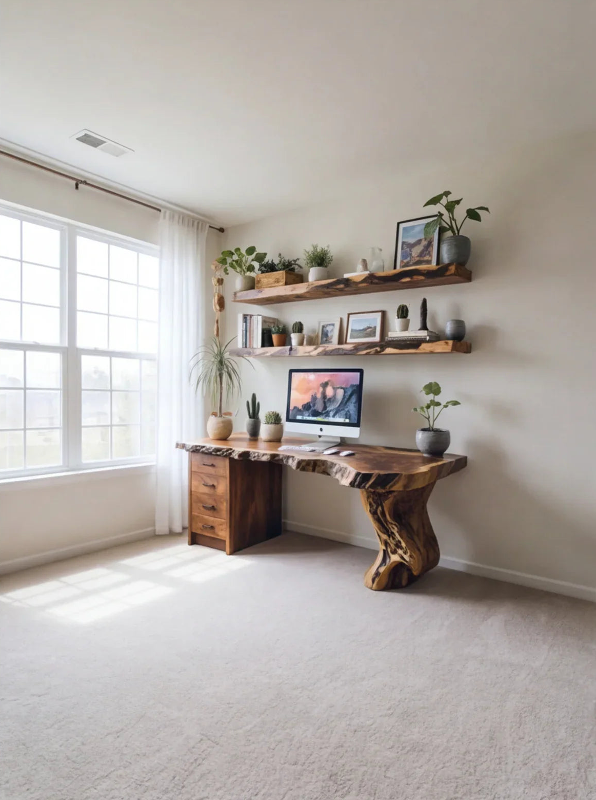 Live edge wood desk and floating shelves with plants and computer in bright home office