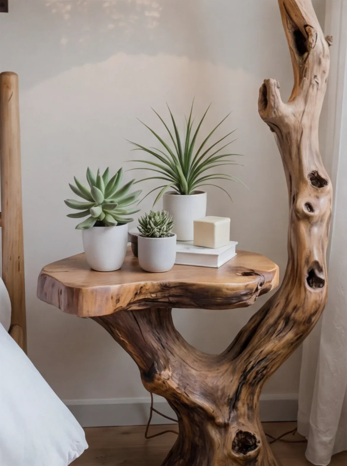 Live edge solid wood side table with potted succulents and books, modern rustic decor