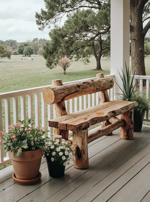 Rustic Live Edge Outdoor Wooden Bench With Backrest For Porch Or Garden