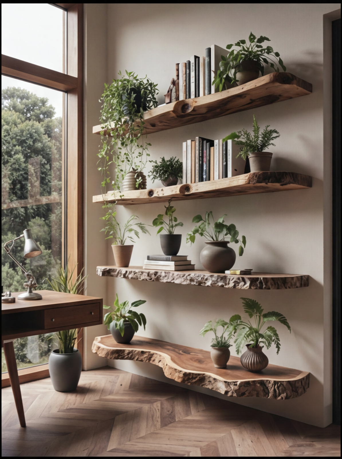 Solid wood live edge floating shelves with potted plants and books in a modern home office
