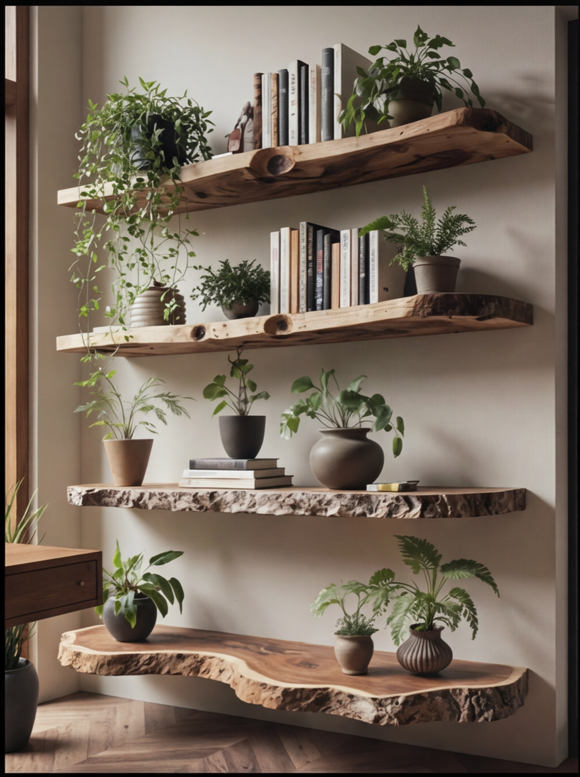 Live edge floating wood shelves with books and potted plants, modern sustainable decor