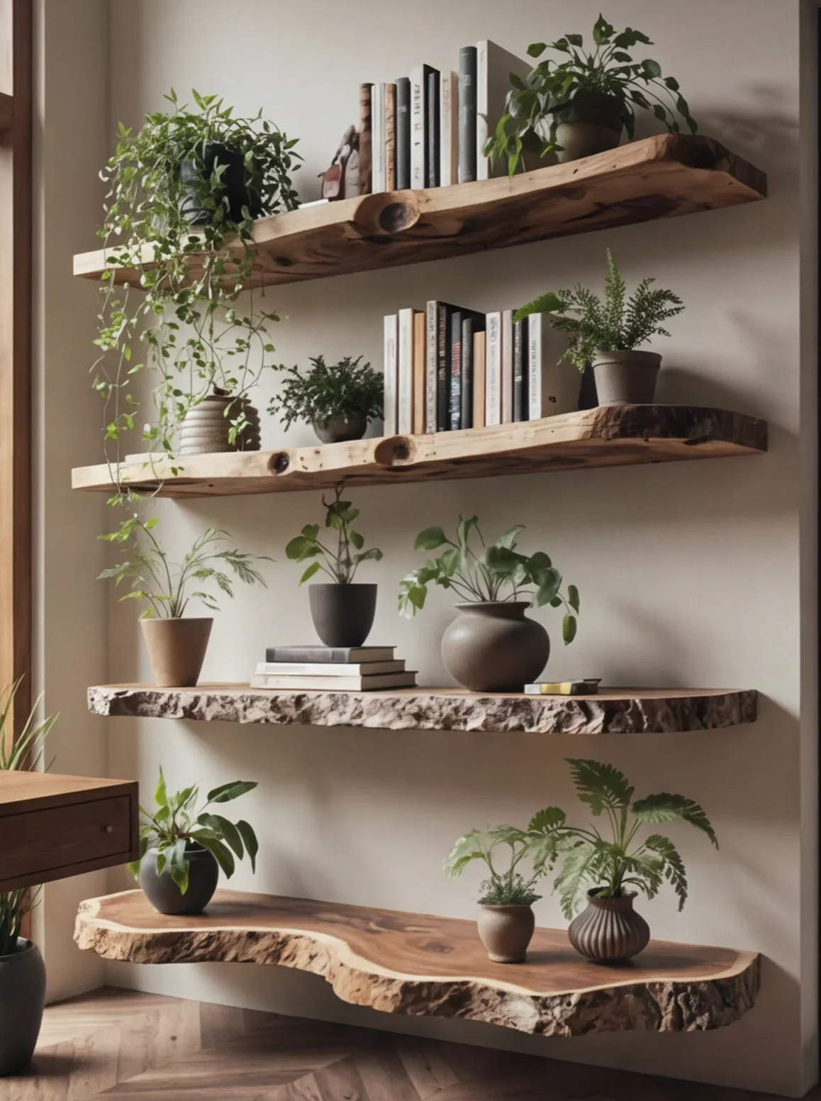 Live edge floating wood shelves with books and potted plants, modern sustainable decor