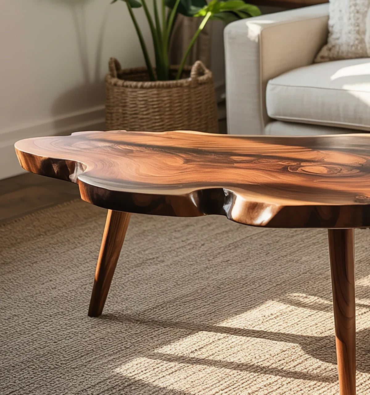 Live edge solid wood coffee table with natural finish in a cozy living room setting