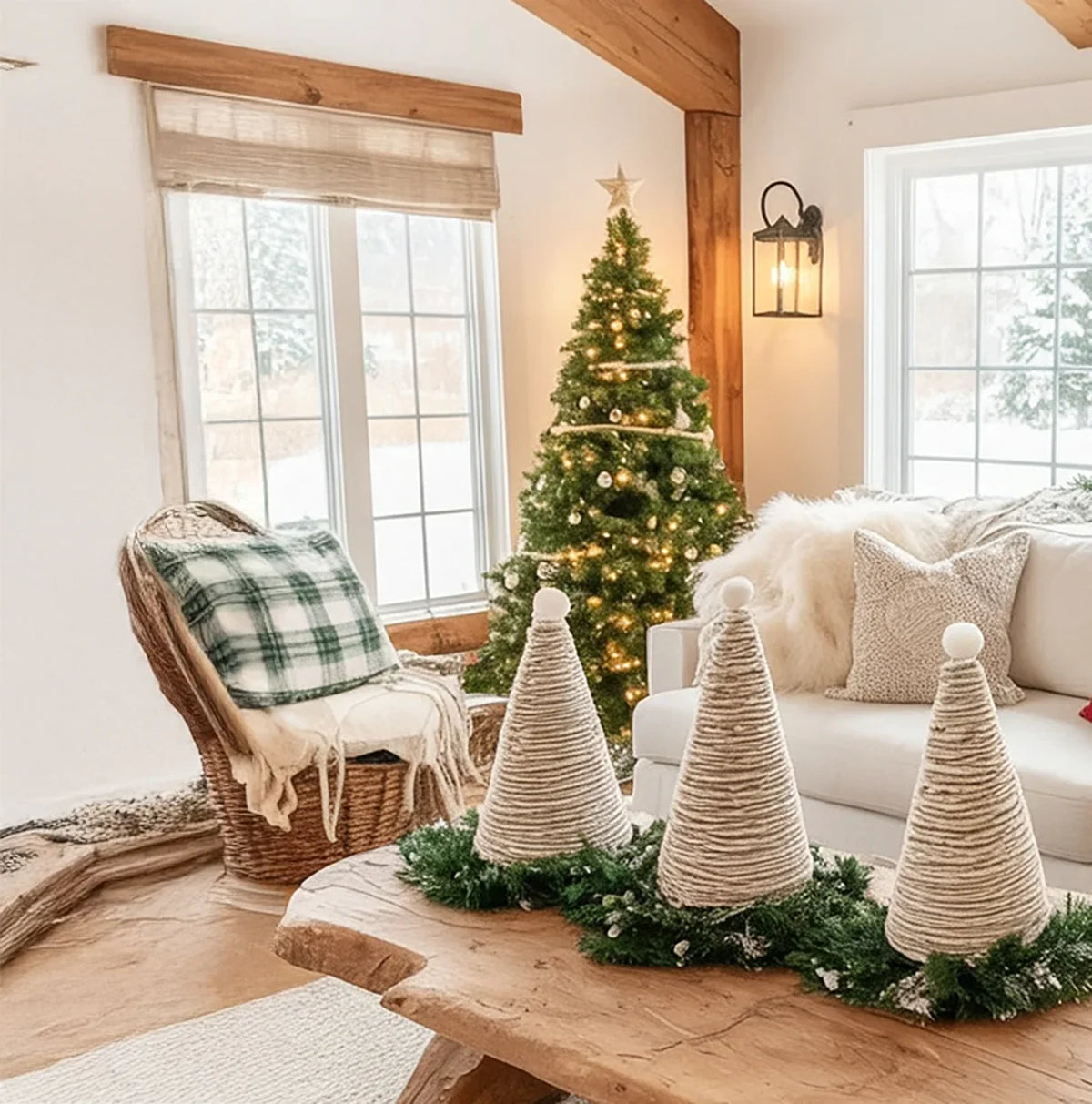 Cozy living room with decorated Christmas tree, wicker chair with plaid pillow, and festive table decor